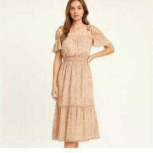 Off-Shoulder Midi Dress S Beige Boho Leaf Print Cottagecore Coquette Bohemian